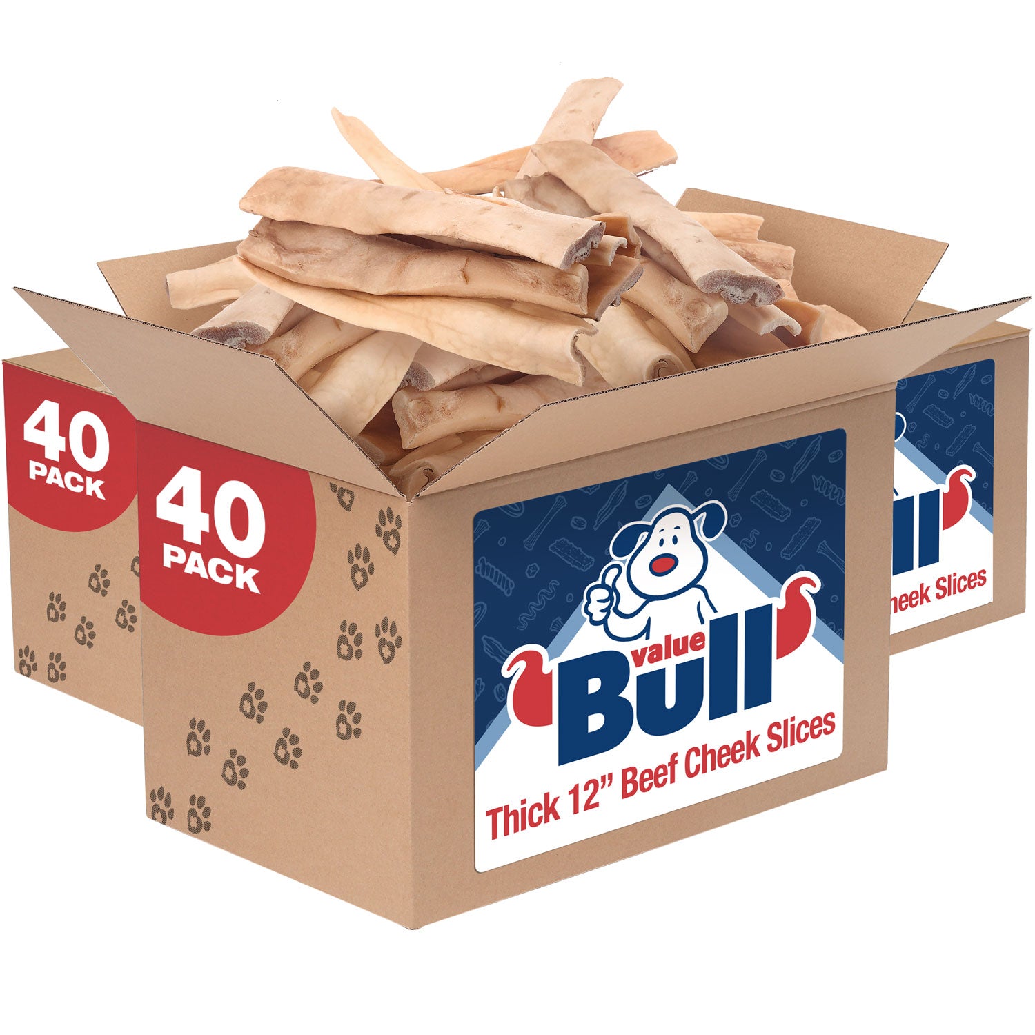ValueBull Beef Cheek Slices, Long Lasting Dog Chews, Thick 9-10 Inch, 120 Count Bulk Pack - Thick - 120 Slices