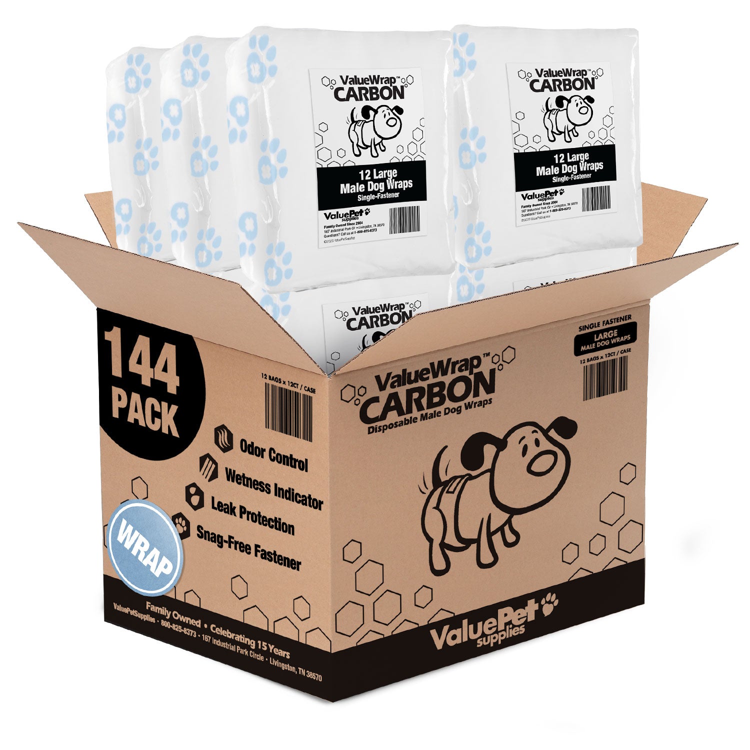 ValueWrap Male Wraps, Disposable Dog Diapers, Carbon, 1-Tab Large, 144 Count - 144 Count,Large