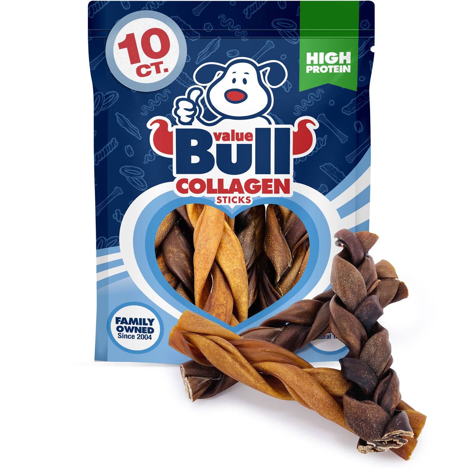 ValueBull Collagen Braided Sticks for Dogs, 6 Inch Thick Chews, Natural Long-Lasting Dog Treats, 10 Count - Thick - 10 Braids