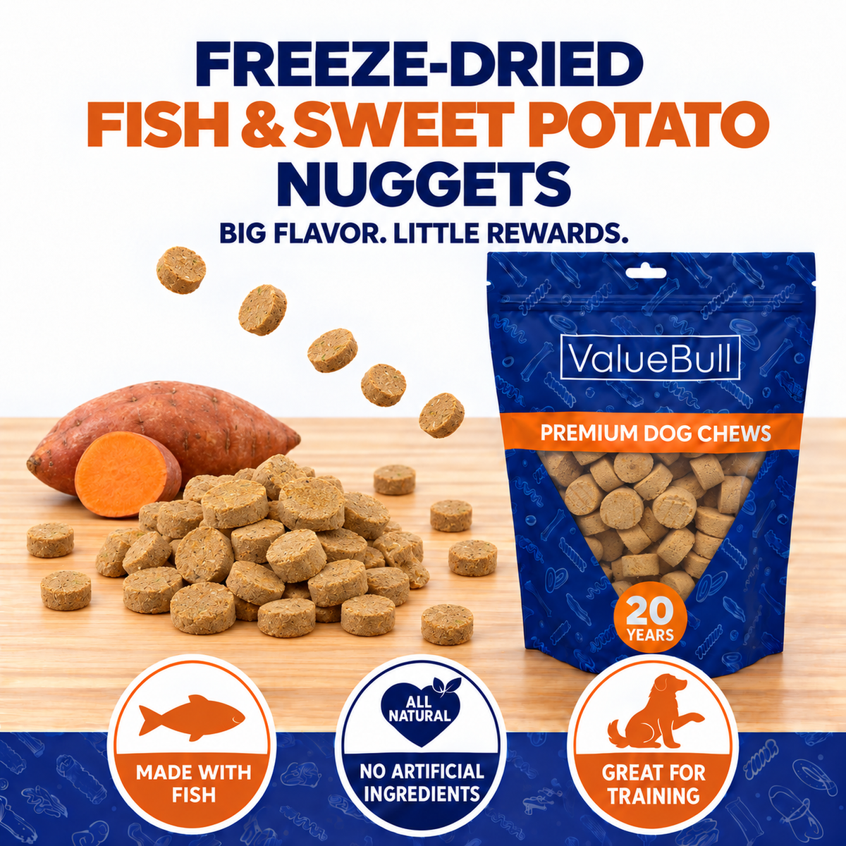 ValueBull USA Freeze Dried Fish & Sweet Potato Training Treats for Dogs & Cats, 16 Pounds Wholesale Pack