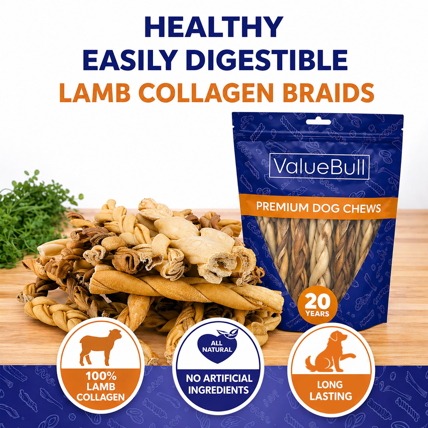 ValueBull Lamb Collagen Braids for Dogs, Varied Sizes & Shapes, 50 Count - Lamb - 50 Braids