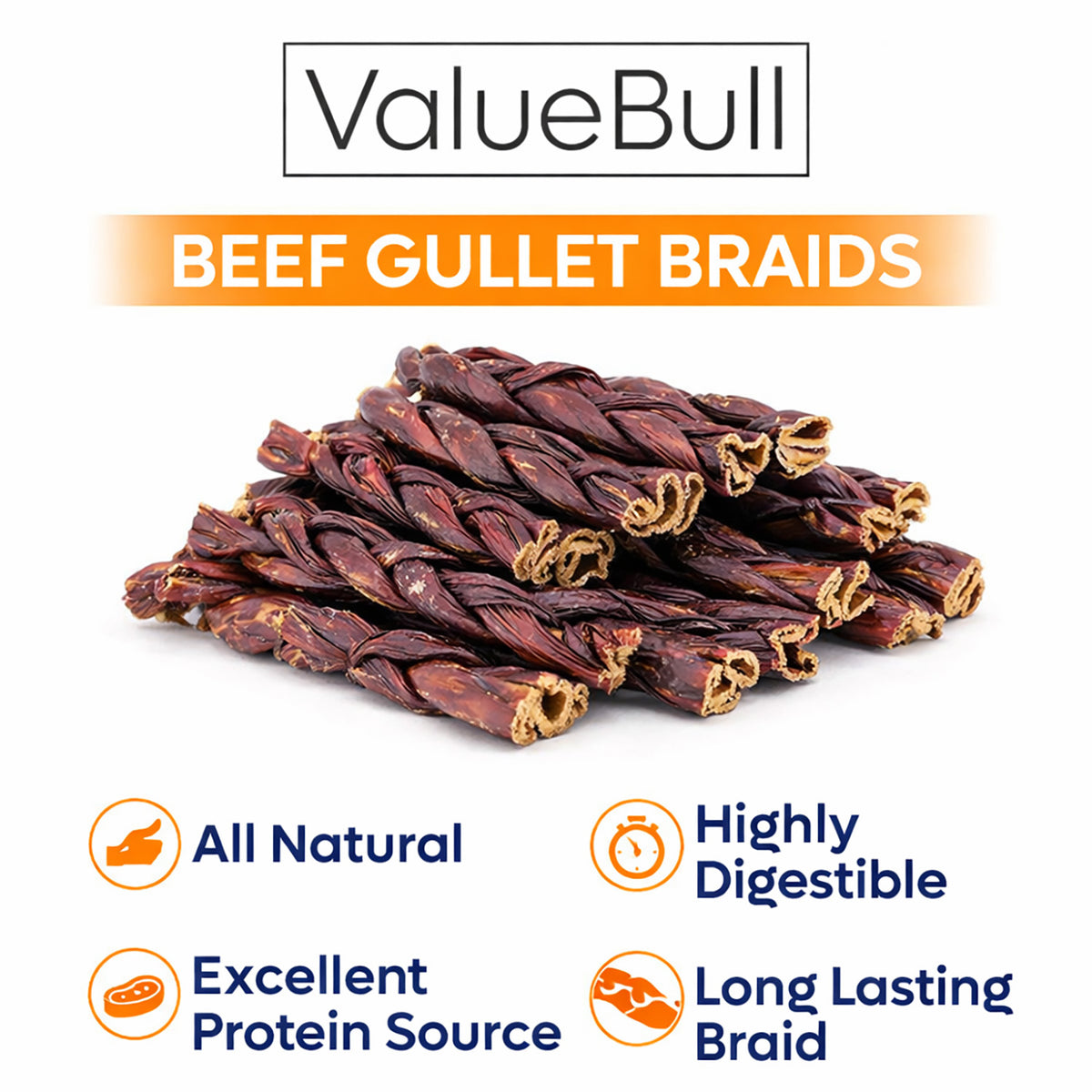ValueBull Beef Jerky Gullet Braids for Dogs, Thick 6 Inch, 25 Count Bulk Pack - Gullet - 25 Braids