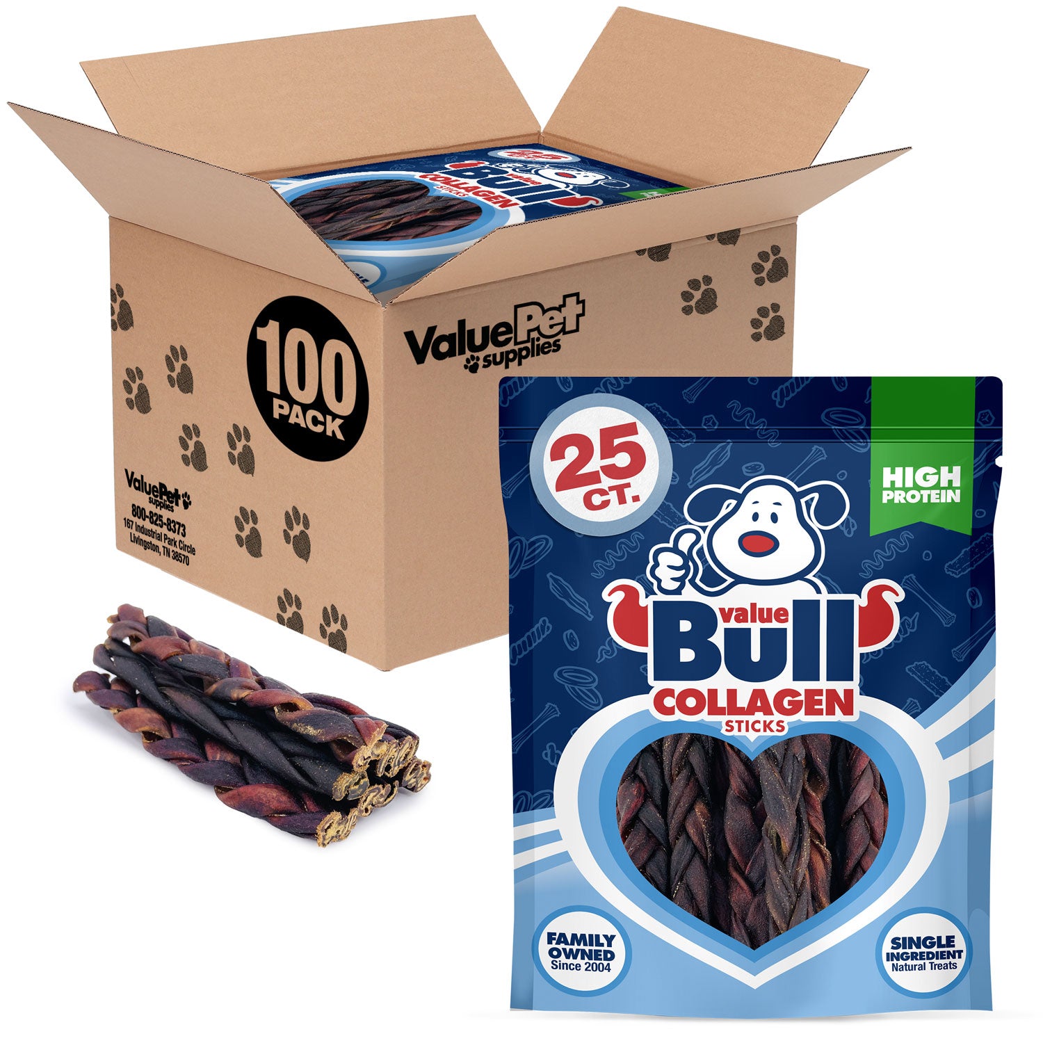ValueBull USA Collagen Braided Sticks for Dogs, 6 Inch Thin Chews, Natural Dog Treats, 100 Count