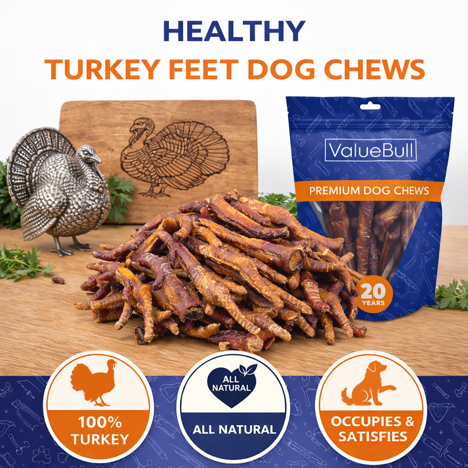 ValueBull Turkey Feet Dog Chews, 100 Count Wholesale Pack - Turkey - 100 Feet