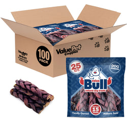 ValueBull USA Collagen Braid Beef Large Dog Chews, Thick 6 Inch 100 Count - Thick - 100 Braids
