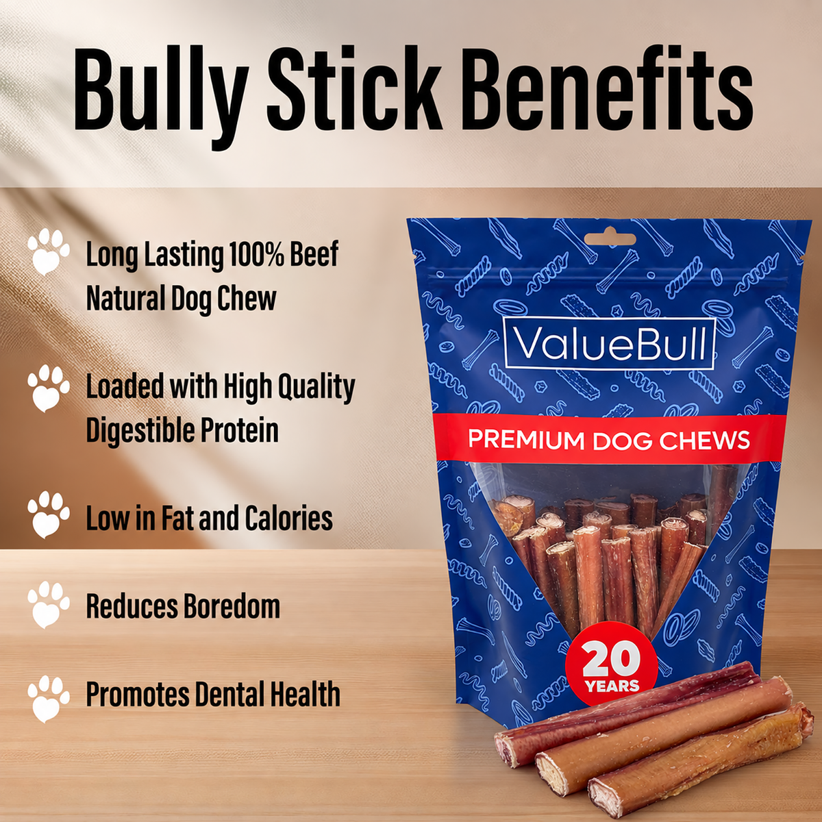 ValueBull Odor Free Bully Sticks for Large Dogs, Thick 6 Inch, 25 Count - 25