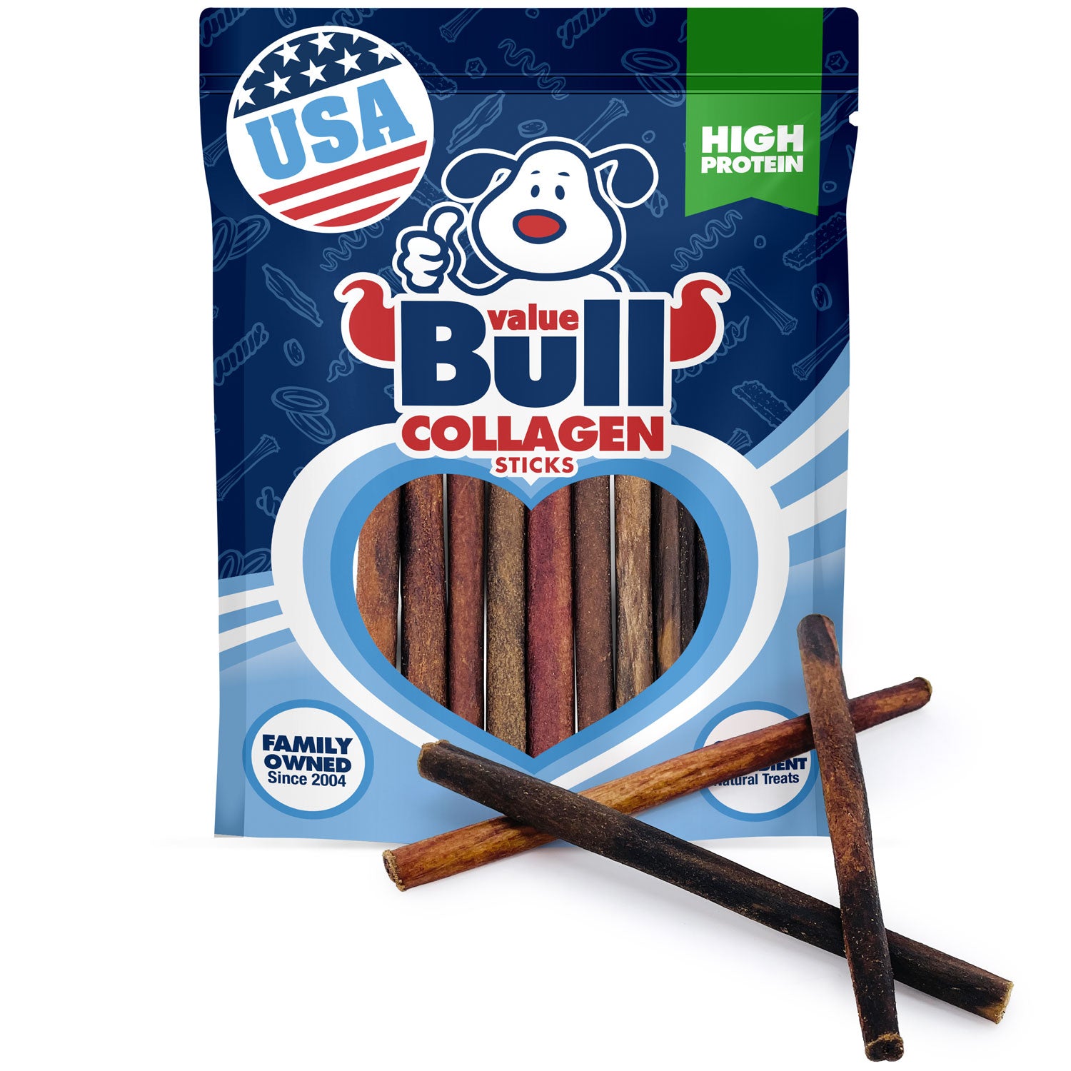 ValueBull USA Beef Collagen Sticks, 6 Inch Extra Thin Chews, 10 Count - Extra Thin - 10 Sticks