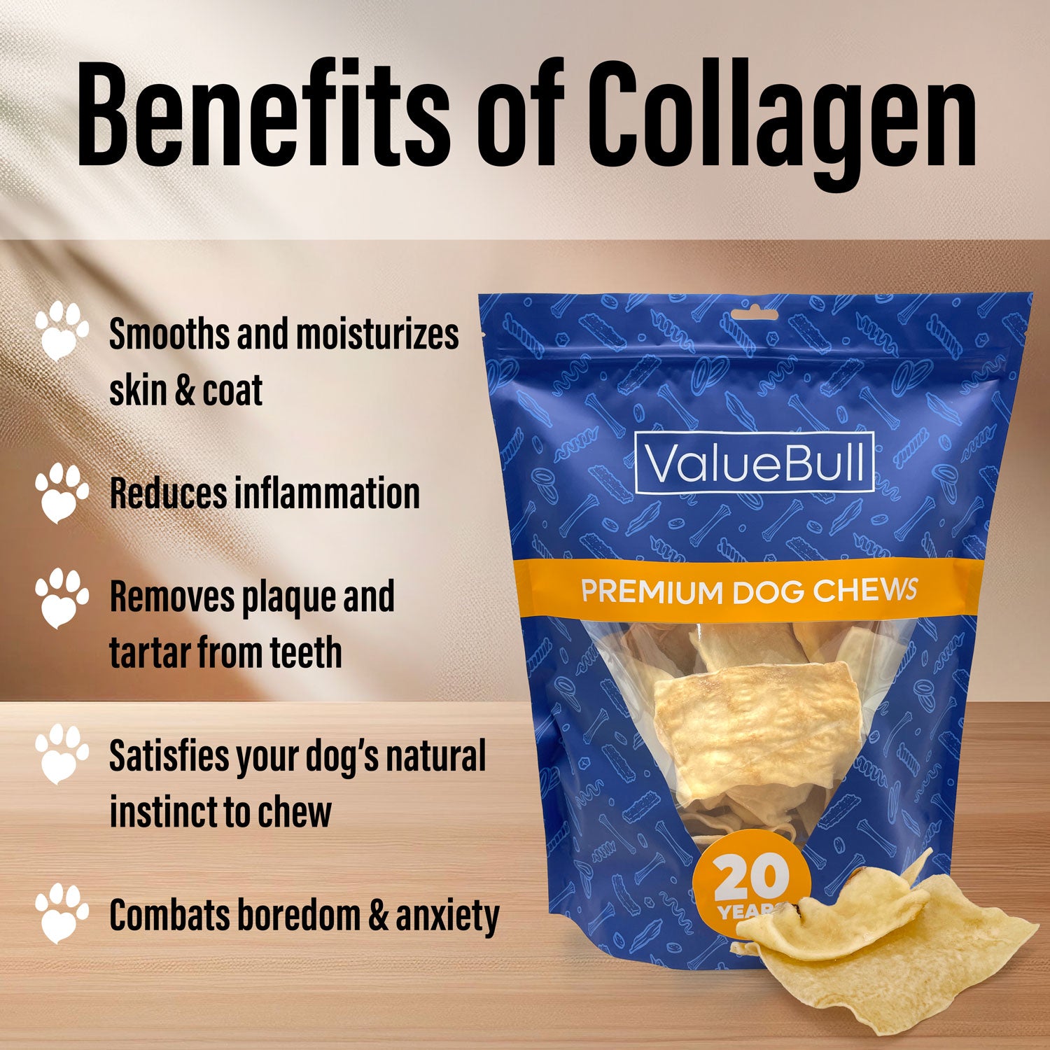 ValueBull USA Collagen Chips Dog Chews, Natural Long-Lasting Dog Treats, 200 Count Bulk Pack - Natural - 200 Chips