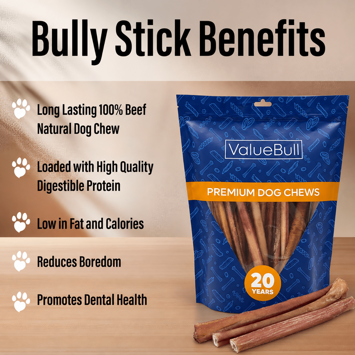 ValueBull Odor Free Bully Sticks for Large Dogs, Thick 12 Inch, 25 Count - 25