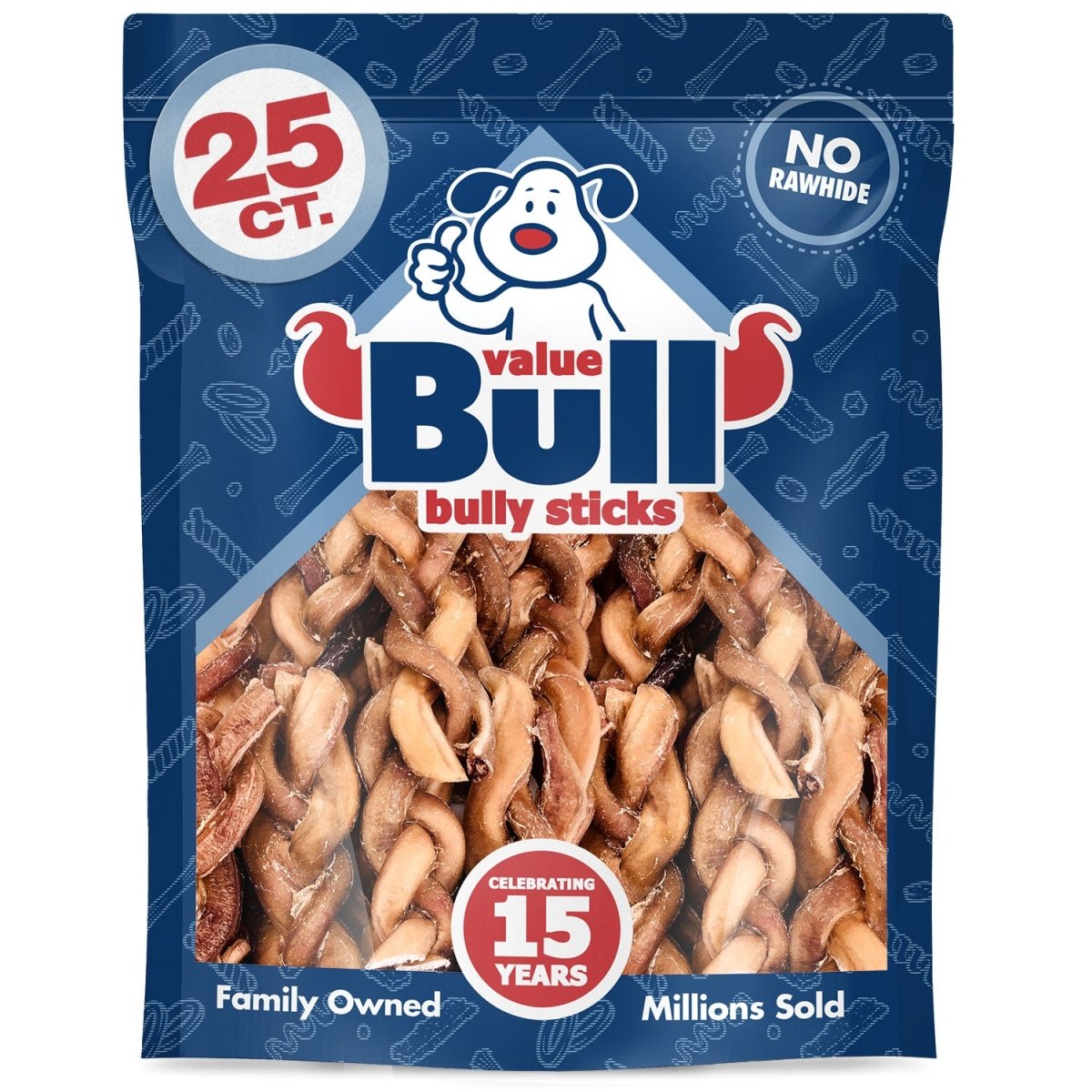 ValueBull Braided Bully Sticks, Thick 6 Inch, 25 Count - ValuePetSupplies