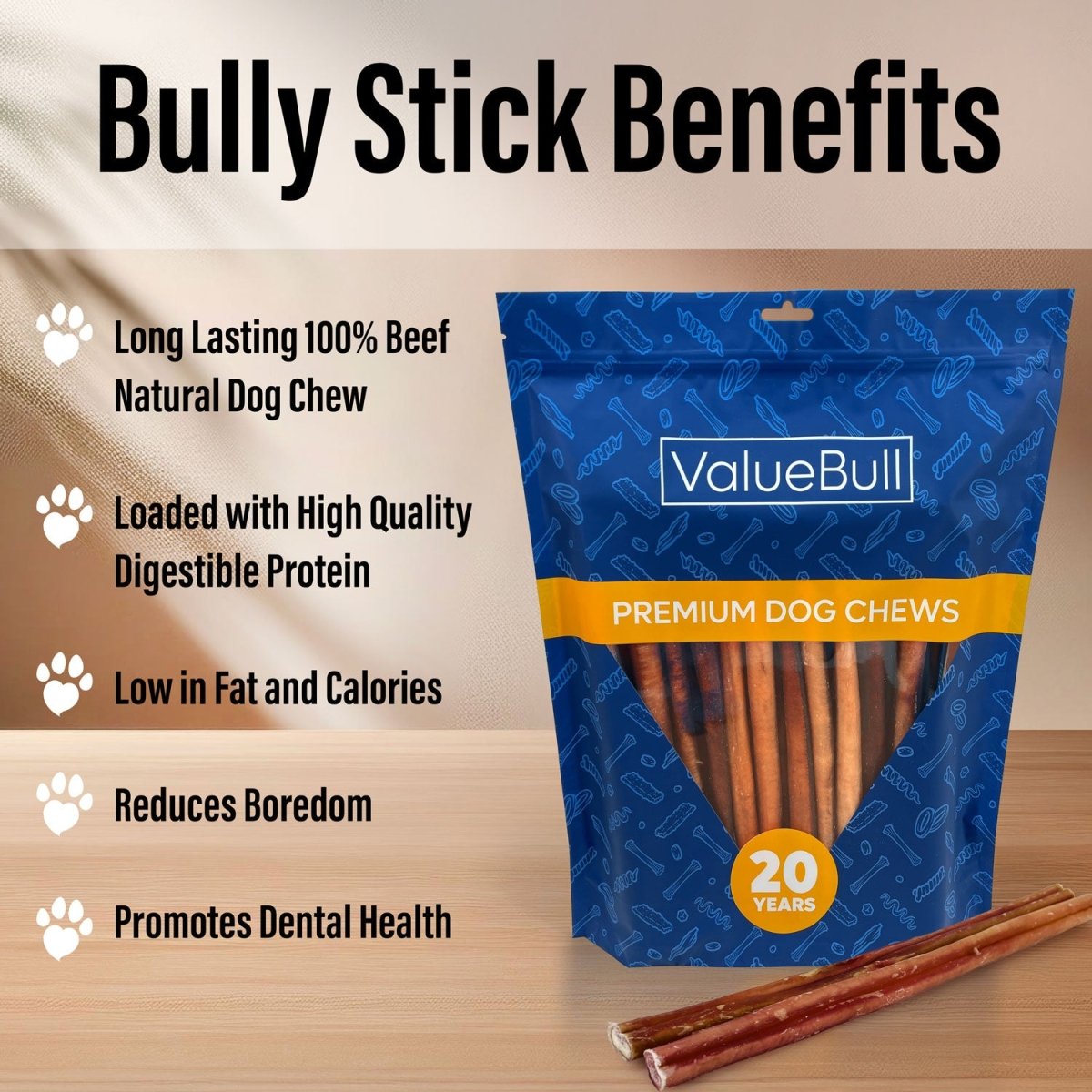 ValueBull Bully Sticks for Small Dogs, Thin 12 Inch, 50 Count - ValuePetSupplies
