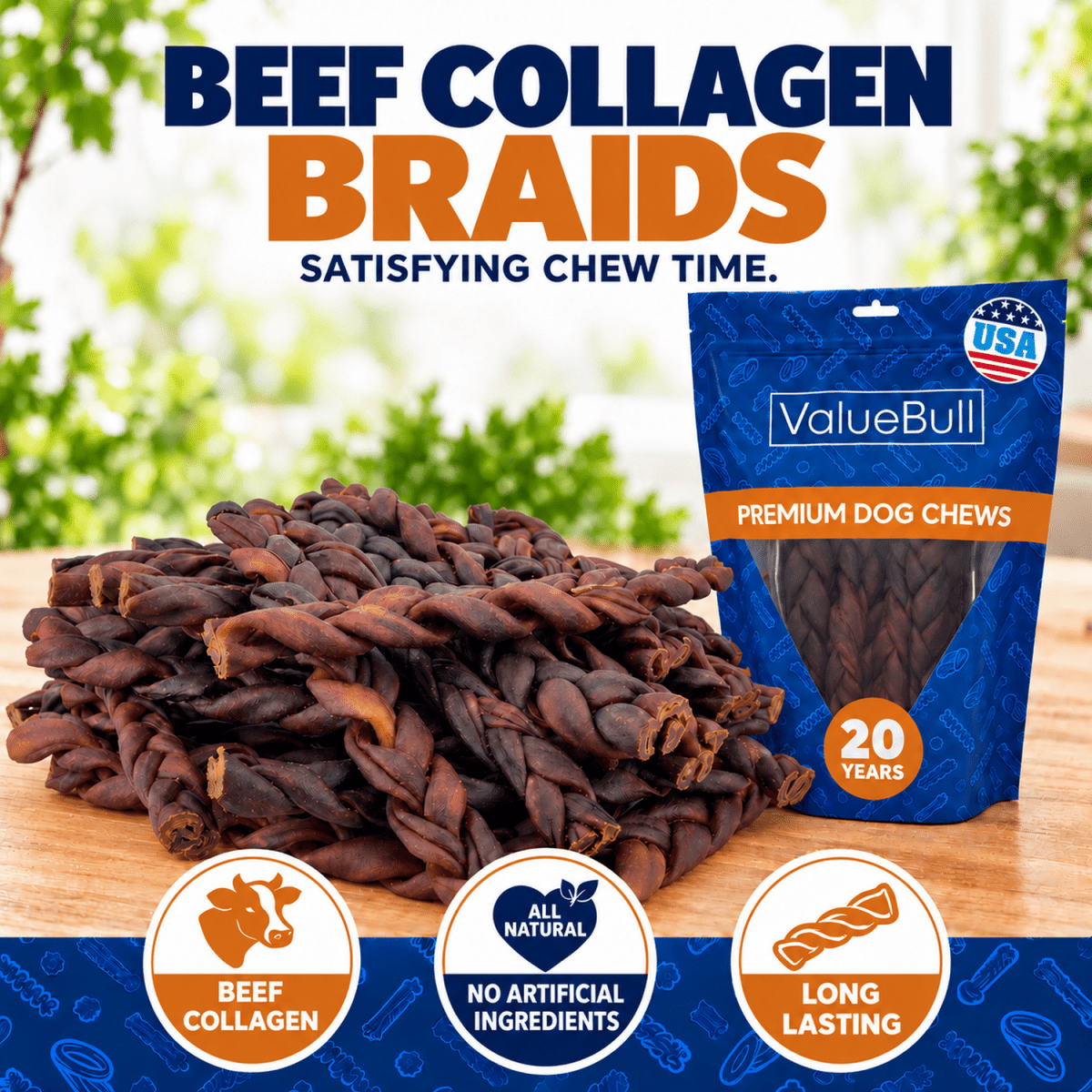 ValueBull USA Collagen Braid Beef Large Dog Chews, Medium 12 Inch, 50 Count Bulk Pack - ValuePetSupplies