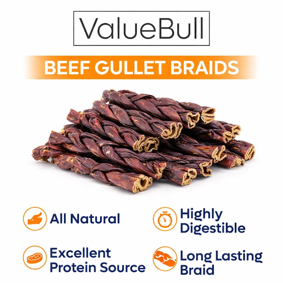 ValueBull Beef Jerky Gullet Braids, Premium Dog Chews, Thick 6 Inch, 100 Count Bulk Pack - ValuePetSupplies