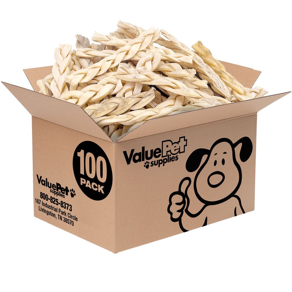 ValueBull Beef Cheek Braids, Long Lasting Dog Chews, 5 - 6 Inch, 100 Count BULK PACK - ValuePetSupplies