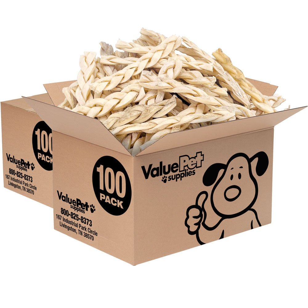 ValueBull Beef Cheek Braids, Long Lasting Dog Chews, 5 - 6 Inch, 200 Count BULK PACK - ValuePetSupplies