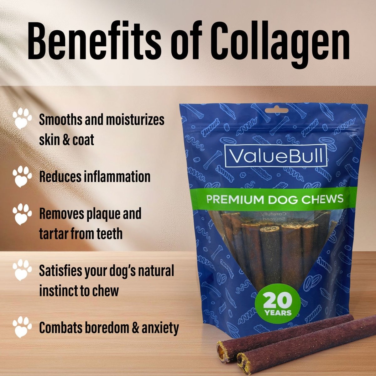 ValueBull Collagen Sticks for Dogs, 6 Inch Super Jumbo Chews, Natural Long - Lasting Dog Treats, 100 Count Bulk Pack - ValuePetSupplies