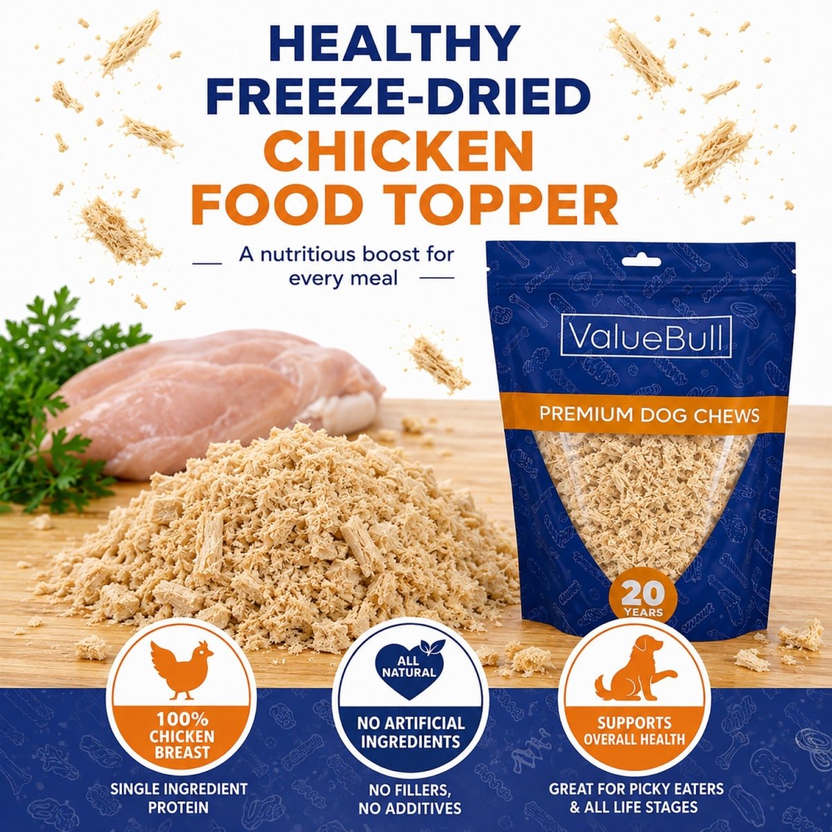 ValueBull USA Freeze Dried Chicken Breast Food Topper for Dogs & Cats, 2 Pound - 2