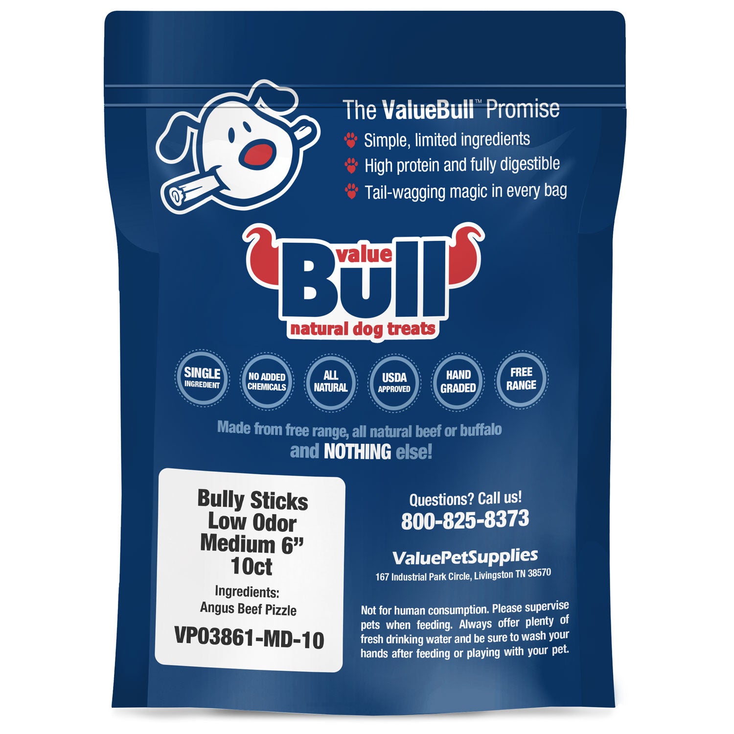 ValueBull Bully Sticks, Low Odor Premium Dog Chews, Medium 6", 10 ct