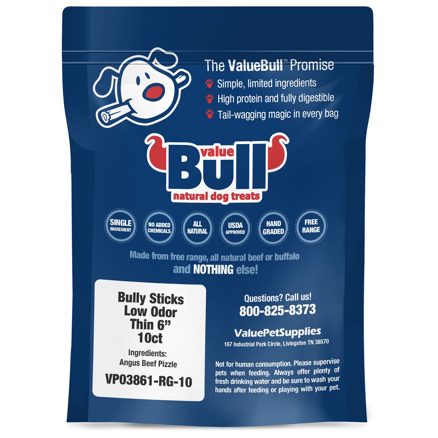 ValueBull Bully Sticks, Low Odor Premium Dog Chews, Thin 6", 10 ct