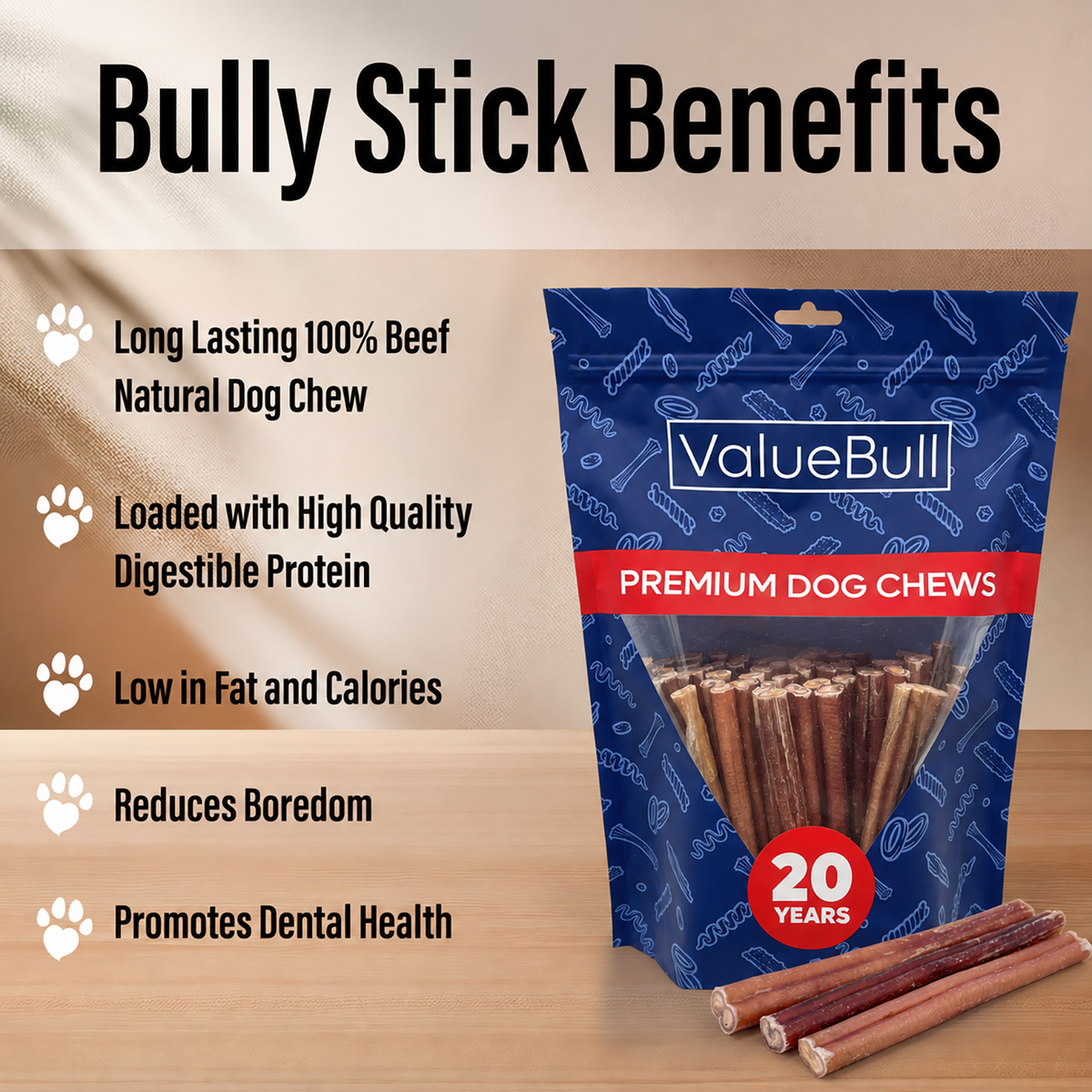 ValueBull Odor Free Bully Sticks for Small Dogs, Thin 6 Inch, 25 Count - 25