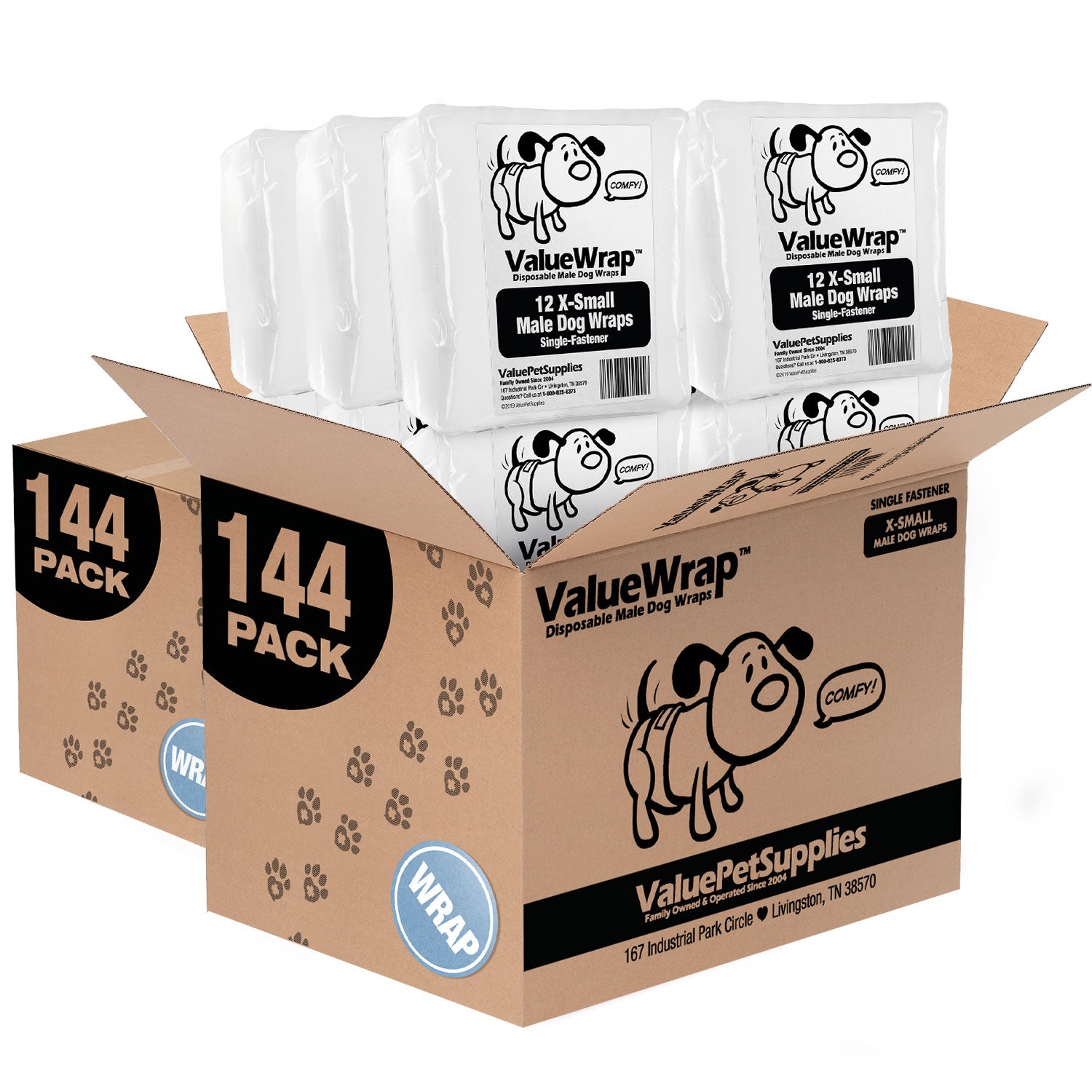 ValueWrap Male Wraps, Disposable Dog Diapers, 1-Tab X-Small, 288 Count BULK PACK