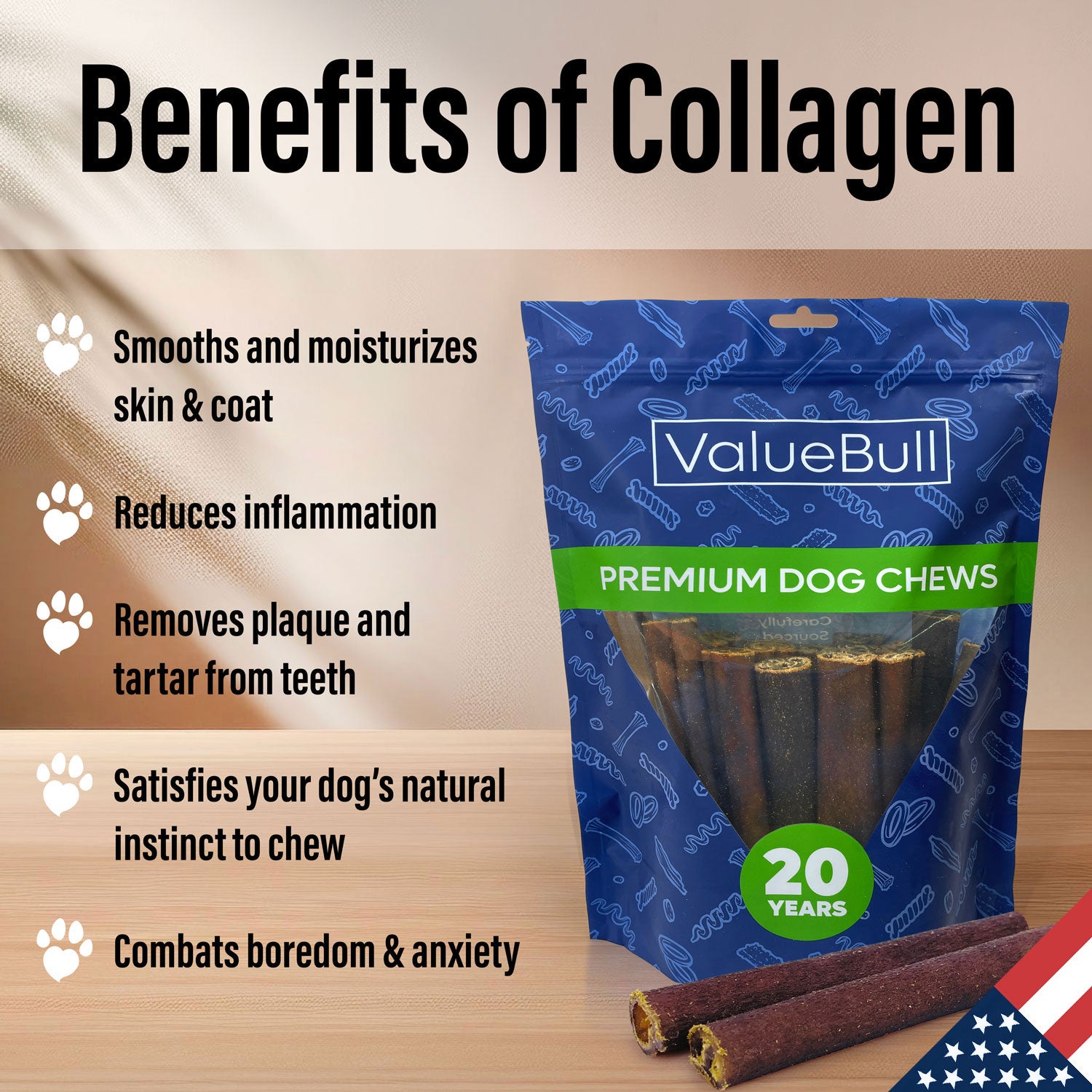 ValueBull USA Collagen Sticks, Premium Beef Small Dog Chews, Thin 6 Inch, 200 Count BULK PACK