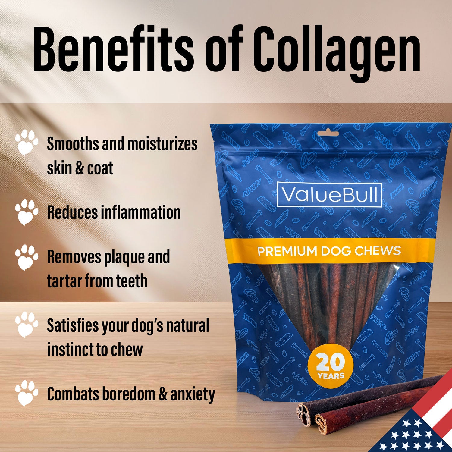 ValueBull USA Collagen Sticks For Small Dogs, Bully Sticks & Rawhide Alternative, Extra Thin 12 Inch, 25 Count