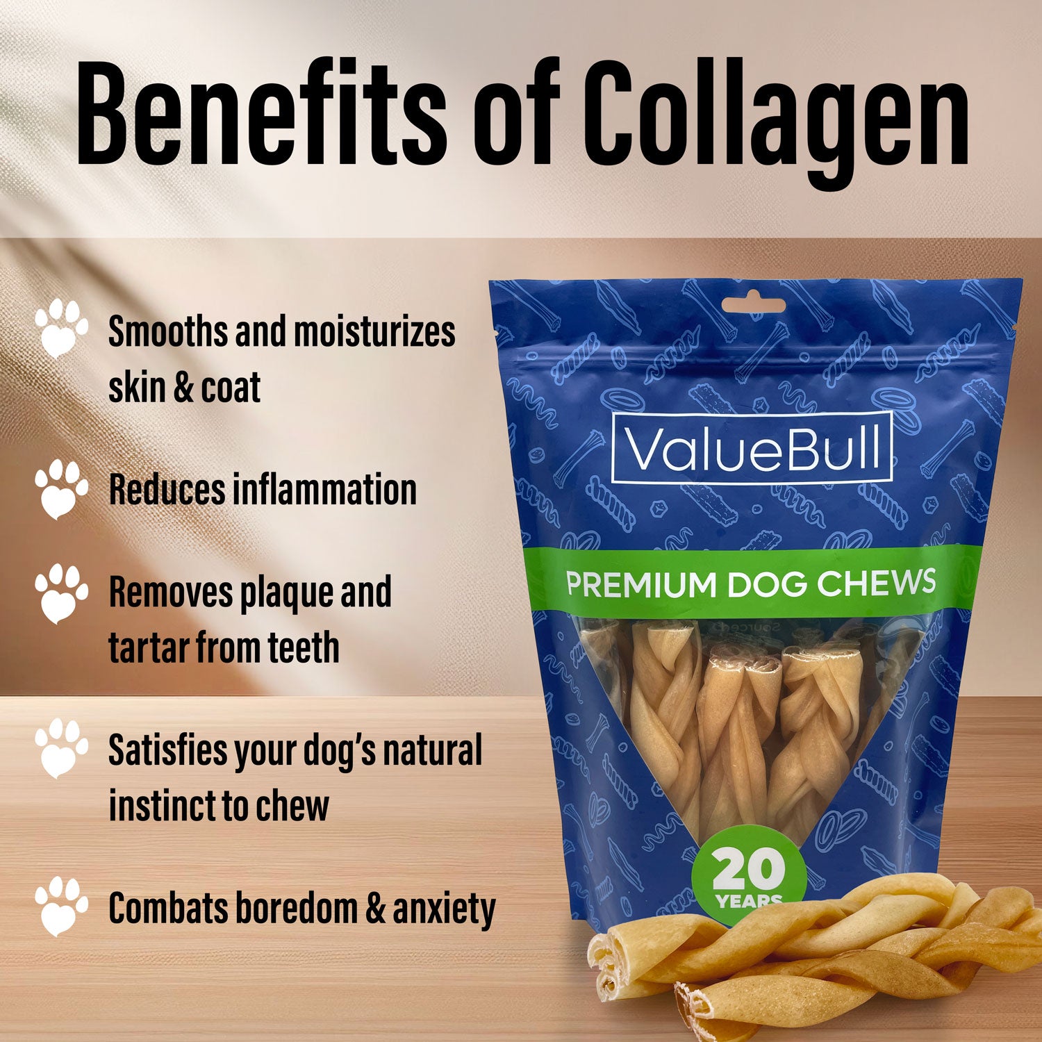 ValueBull Buffalo Collagen Braided For Dogs, Bully Sticks & Rawhide Alternative, Thin 6 Inch, 100 ct  BULK PACK