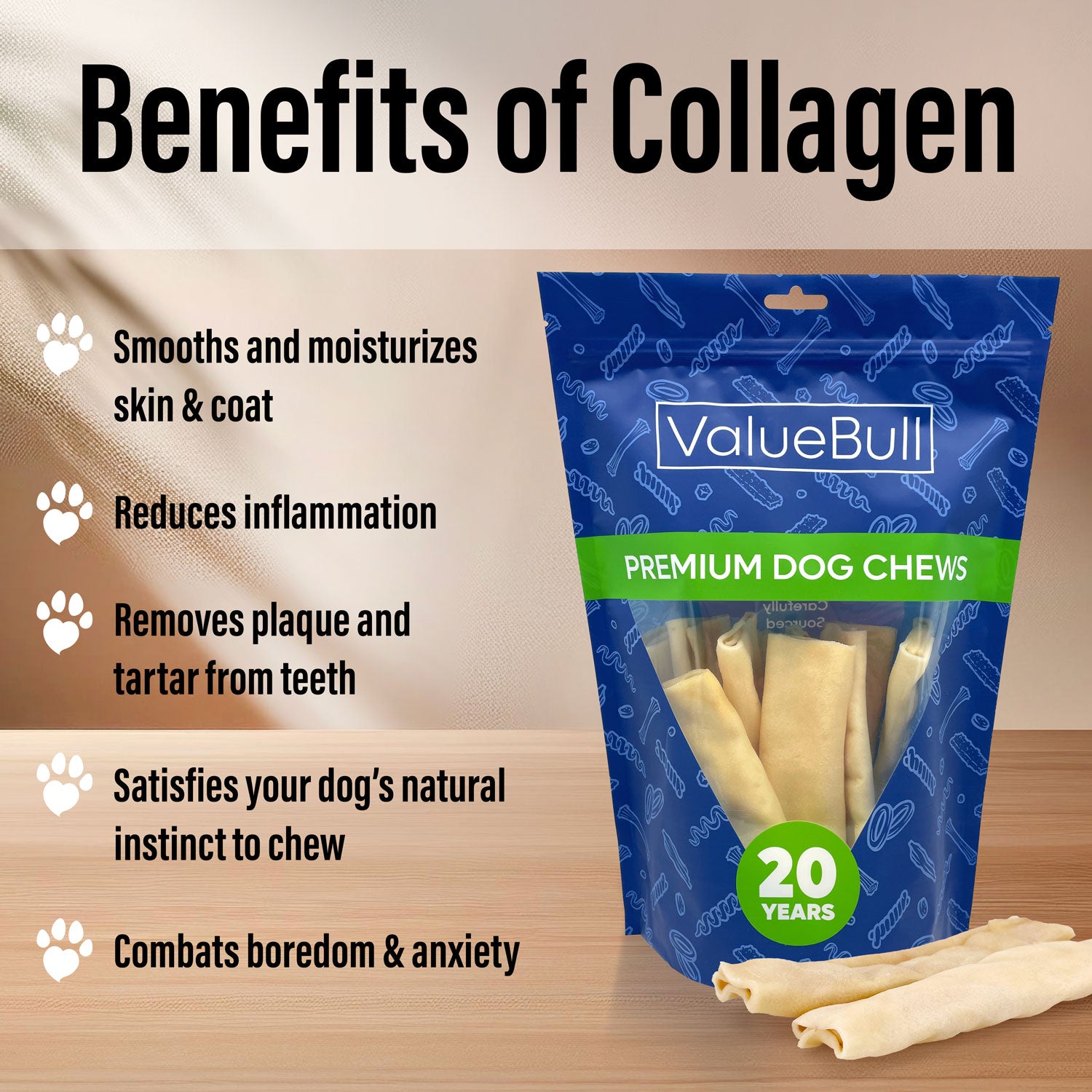 ValueBull USA Collagen Flats, Dog Chews, Natural Beef, 200 Count, BULK PACK