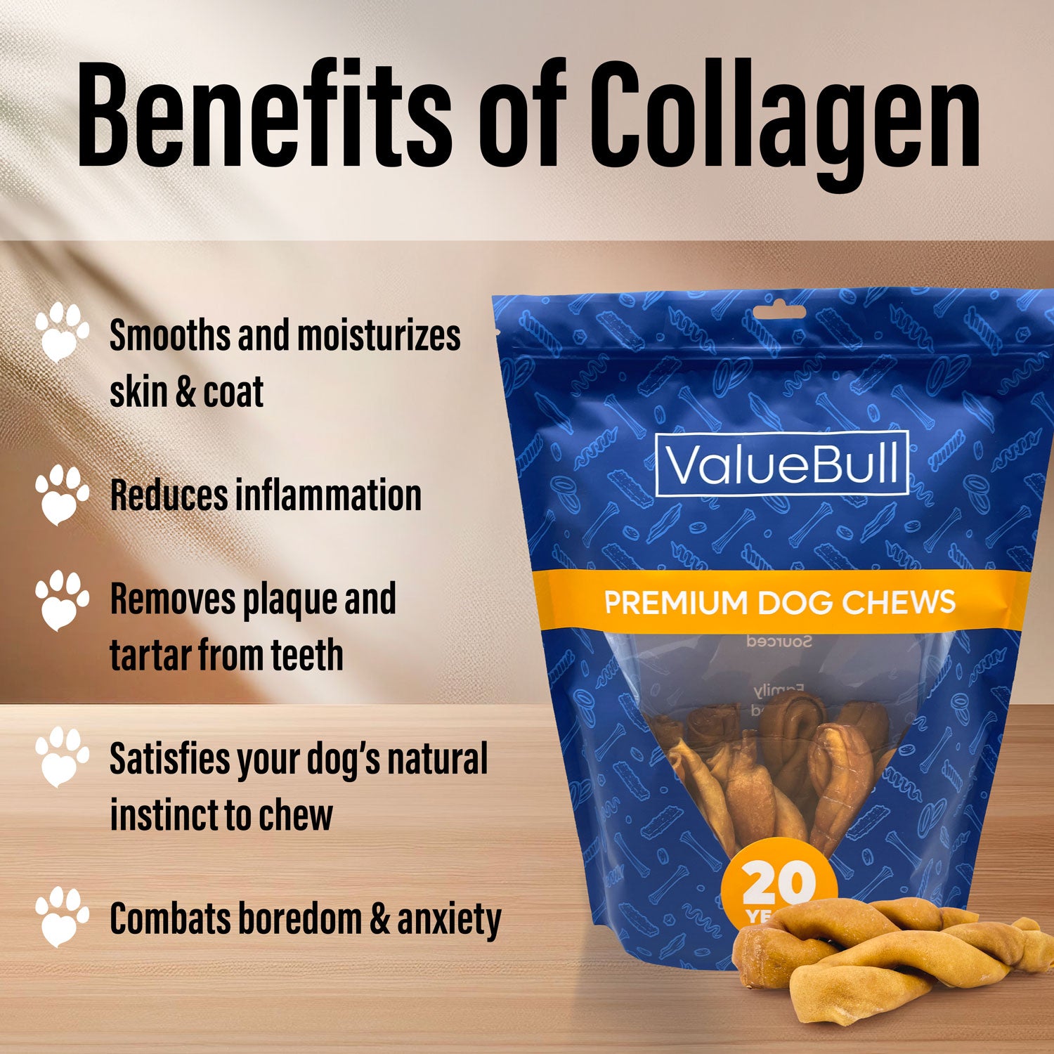 ValueBull USA Collagen Twists, Dog Chews, Natural Beef, Chicken Infused, 50 Count BULK PACK