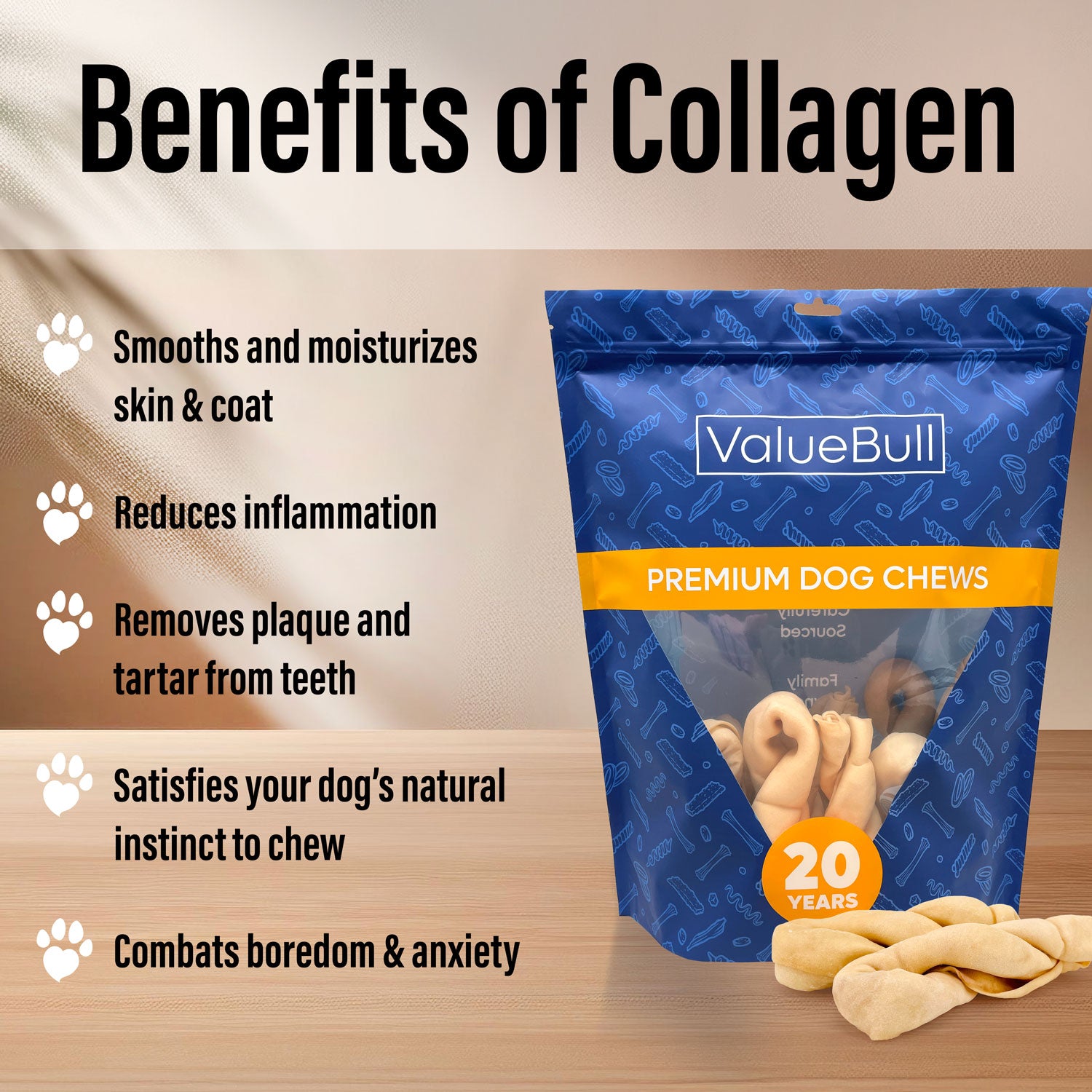 ValueBull USA Collagen Twists, Dog Chews, Natural Beef, 25 Count BULK PACK