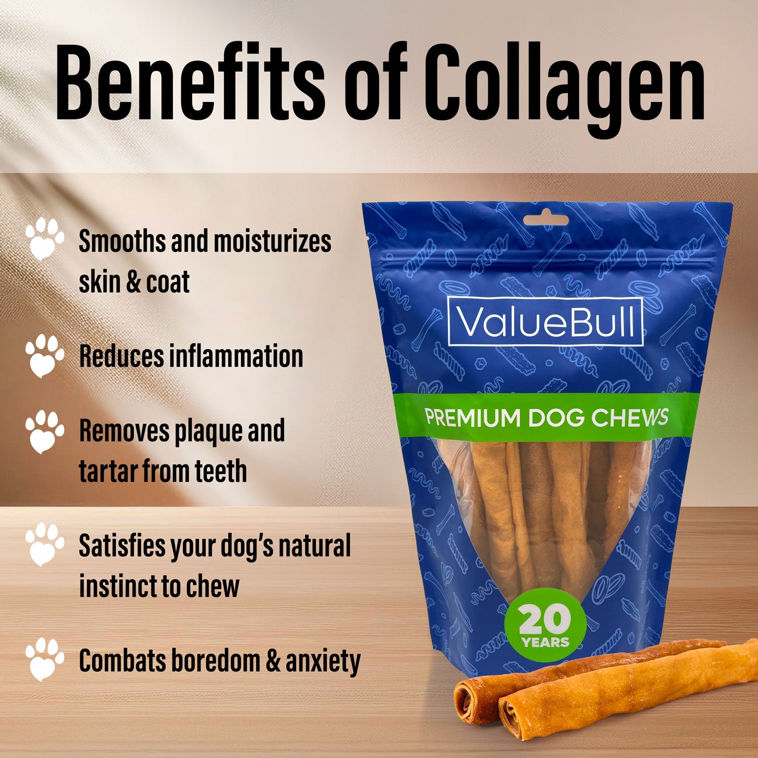 ValueBull USA Collagen Retriever Rolls, Dog Chews, Natural Beef, Chicken Infused, 9 Inch, 25 Count BULK PACK