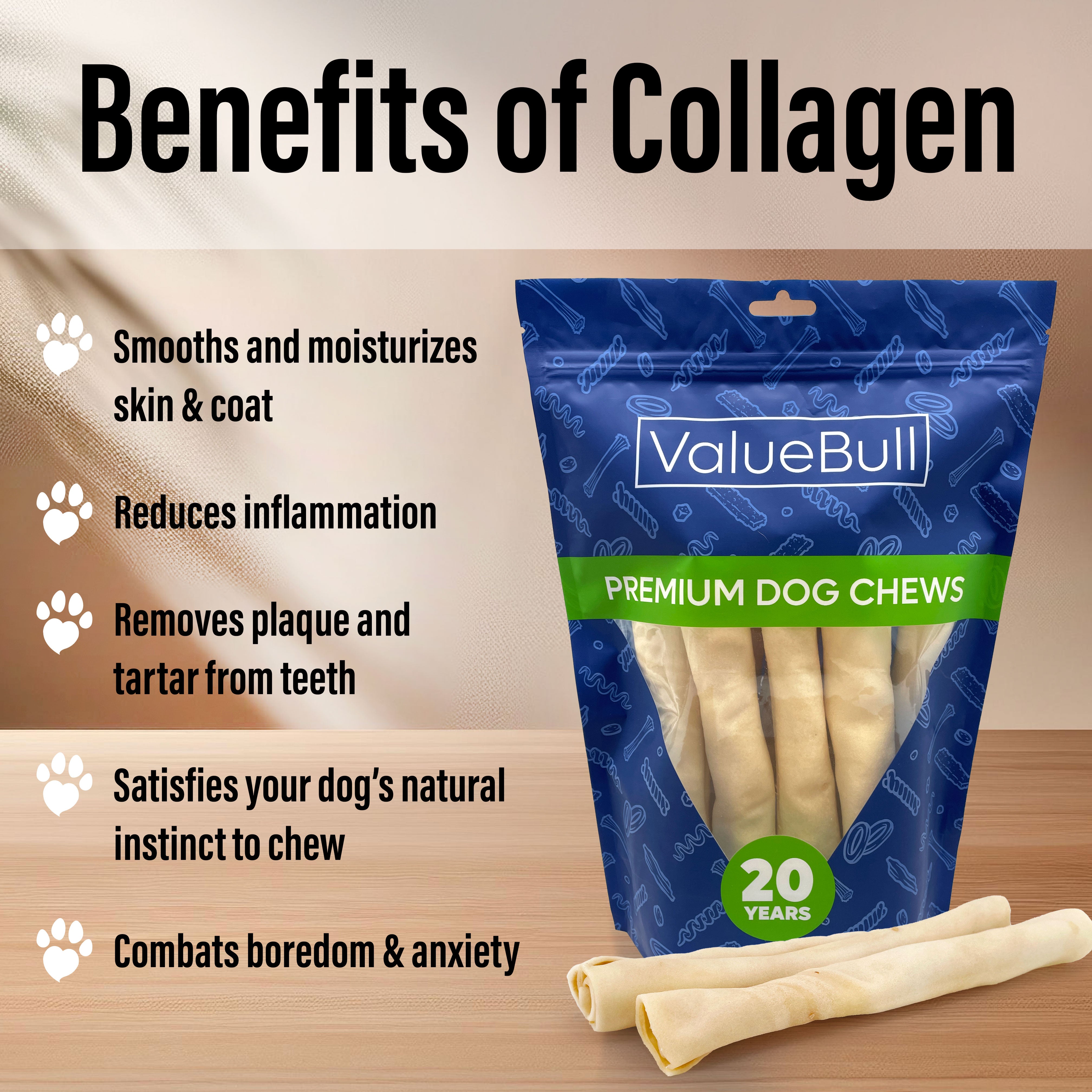 ValueBull USA Collagen Retriever Rolls, Dog Chews, Natural Beef, 9 Inch, 400 Count WHOLESALE PACK