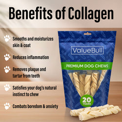 ValueBull USA Collagen Braids, Dog Chews, Natural Beef, Medium 6 Inch, 25 Count