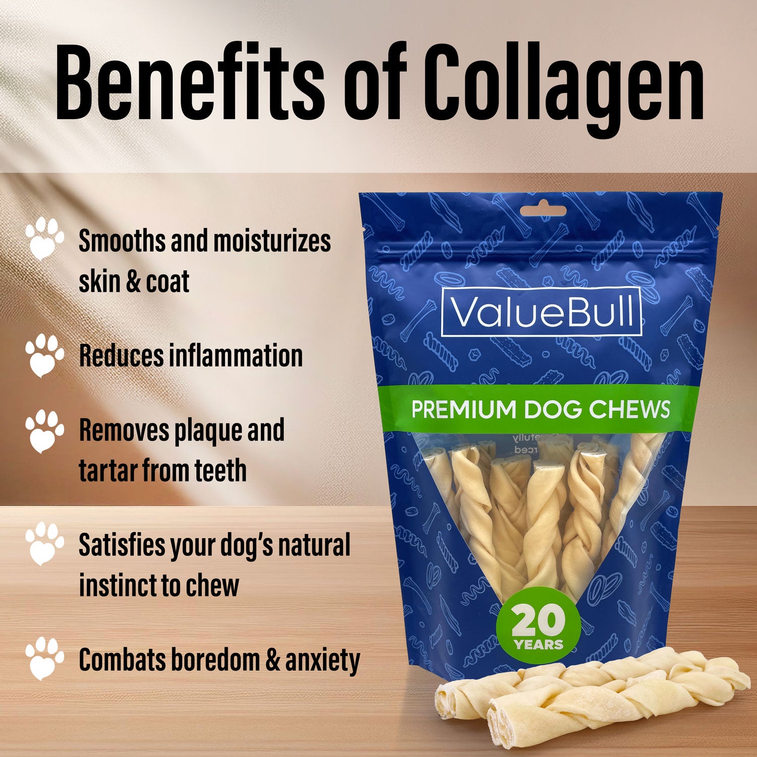 ValueBull USA Collagen Braids, Dog Chews, Natural Beef, Medium 6 Inch, 200 Count BULK PACK