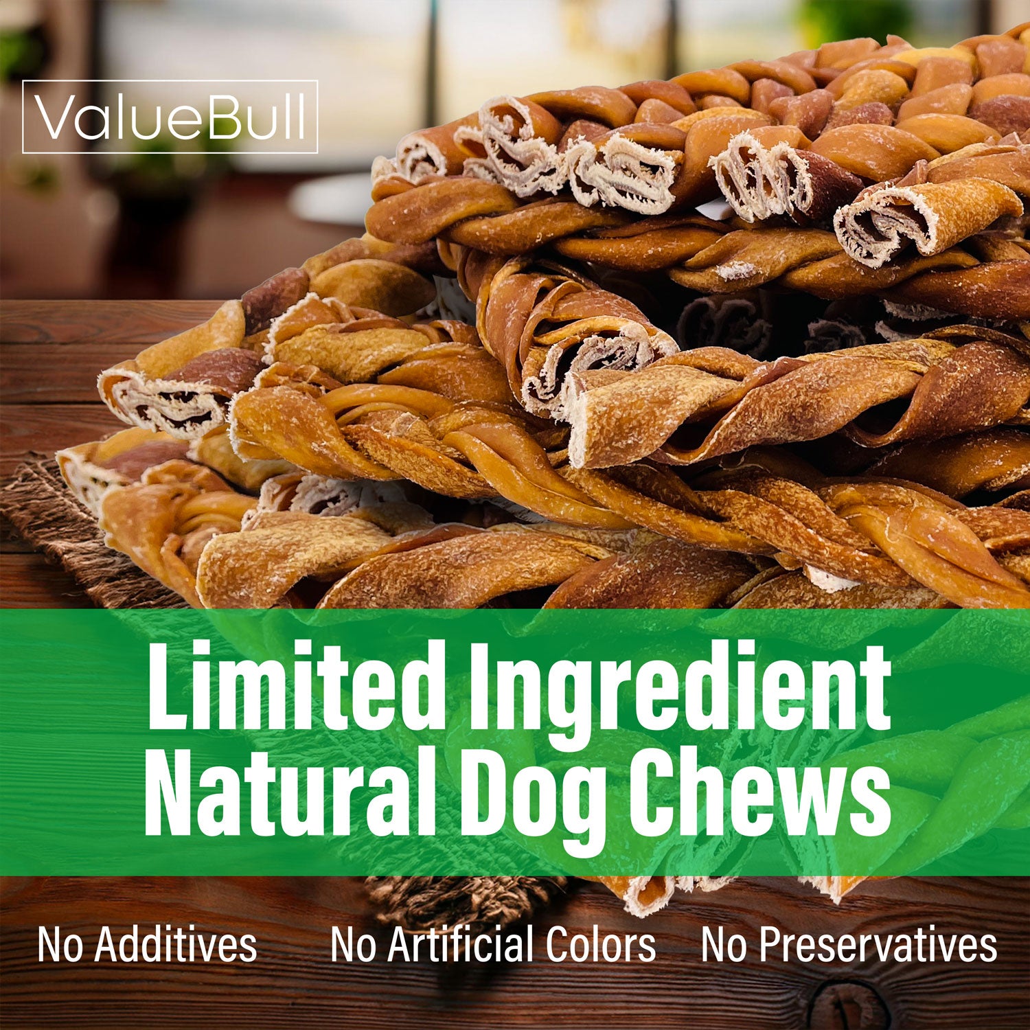 ValueBull USA Collagen Braids, Dog Chews, Natural Beef, Chicken Infused, Thin 6 Inch, 10 Count