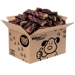 ValueBull Beef Jerky Gullet Braids, Premium Dog Chews, Thick 6 Inch, 100 Count Bulk Pack