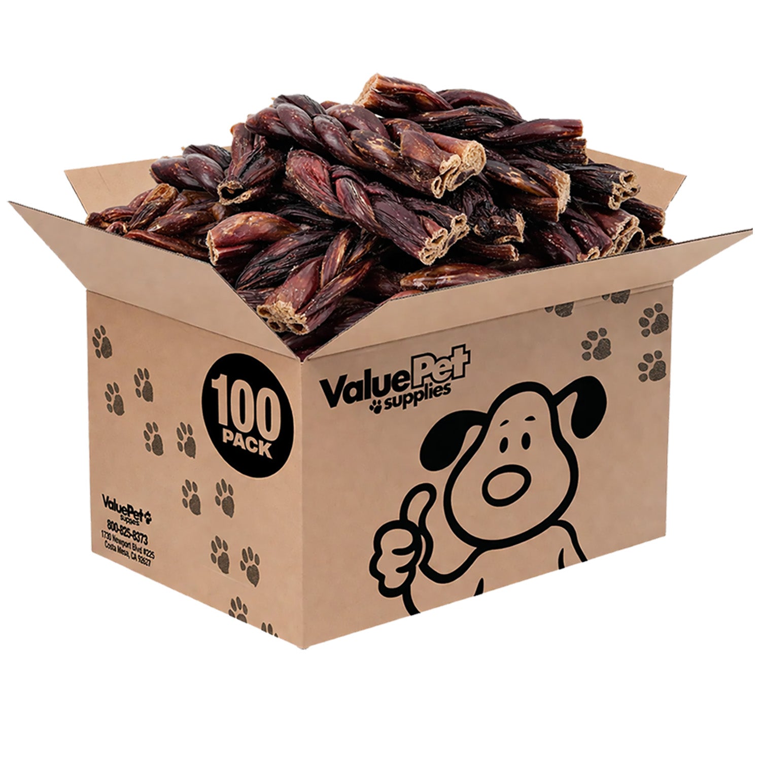 ValueBull Beef Jerky Gullet Braids, Premium Dog Chews, Thick 6 Inch, 100 Count Bulk Pack - 100