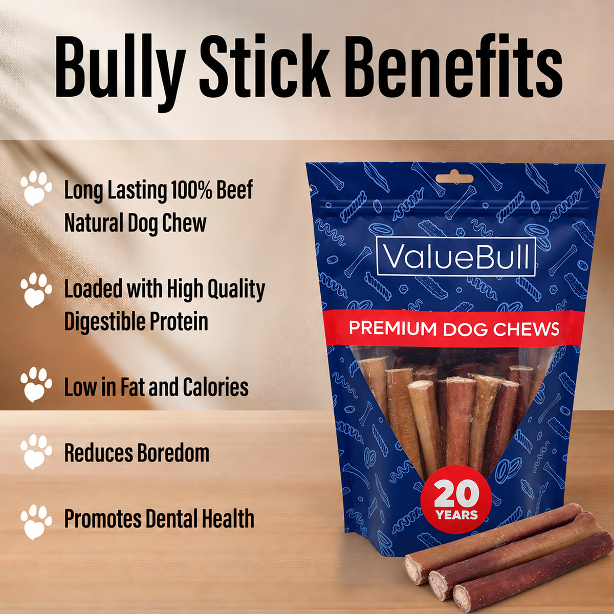 ValueBull Odor Free Bully Sticks for Large Dogs, Jumbo 6 Inch, 25 Count - 25