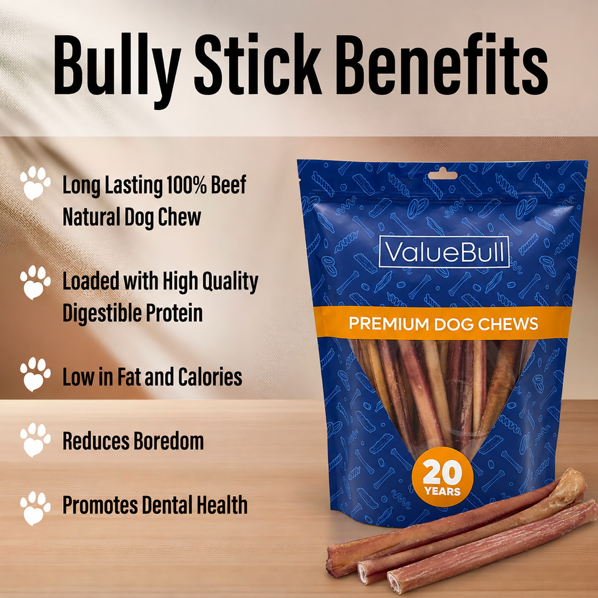 ValueBull Odor Free Bully Sticks for Large Dogs, Thick 12 Inch, 50 Count