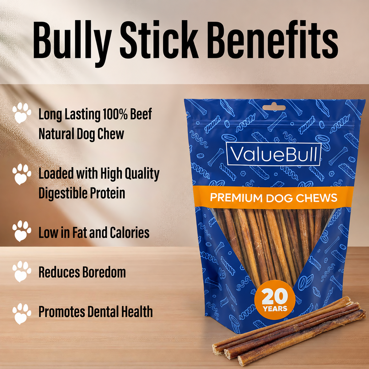 ValueBull Odor Free Bully Sticks for Small Dogs, Thin 12 Inch, 50 Count