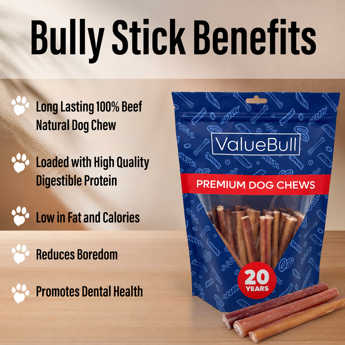 ValueBull Odor Free Bully Sticks for Dogs, Medium 6 Inch, 50 Count - 50