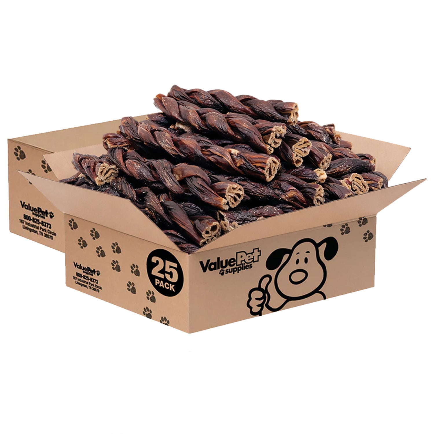 ValueBull Beef Jerky Gullet Braids, Premium Dog Chews, Thick 6 Inch, 50 Count Bulk Pack - 50