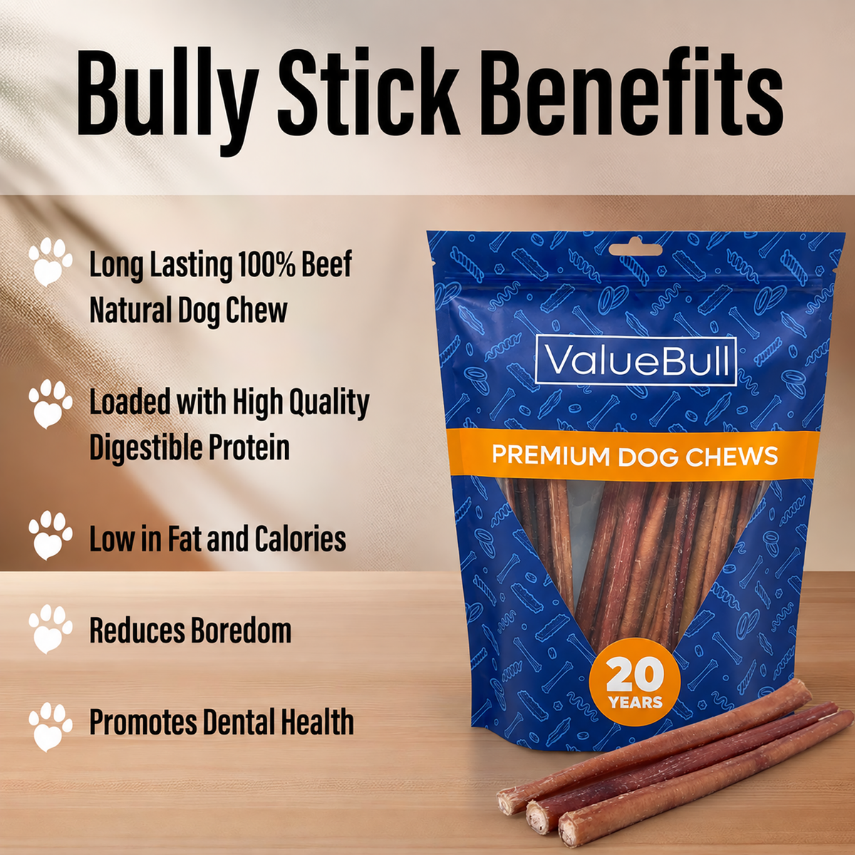 ValueBull Odor Free Bully Sticks for Small Dogs, Medium 12 Inch, 10 Count