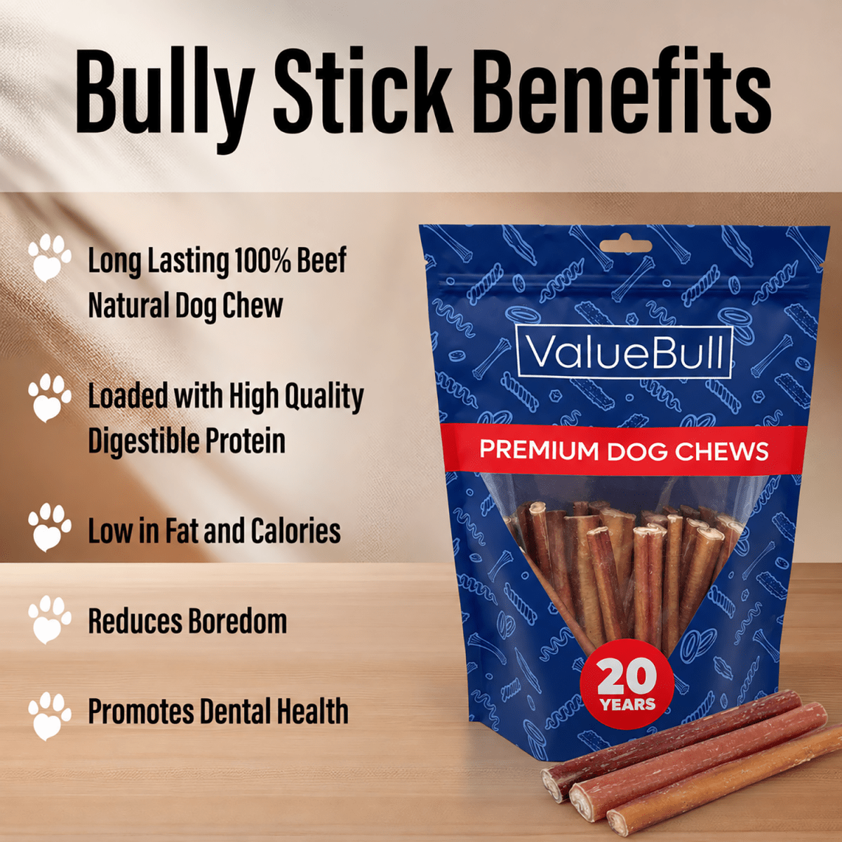 ValueBull Odor Free Bully Sticks for Dogs, Medium 6 Inch, 50 Count - 50