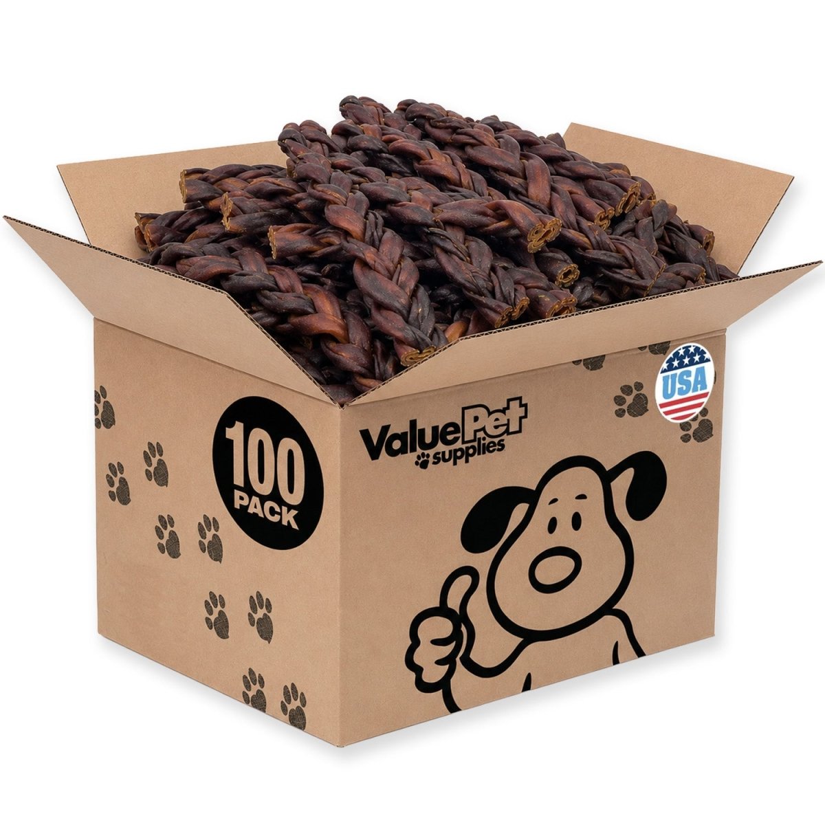 ValueBull USA Collagen Braid Beef Large Dog Chews, Medium 12 Inch, 100 Count Wholesale Pack - ValuePetSupplies