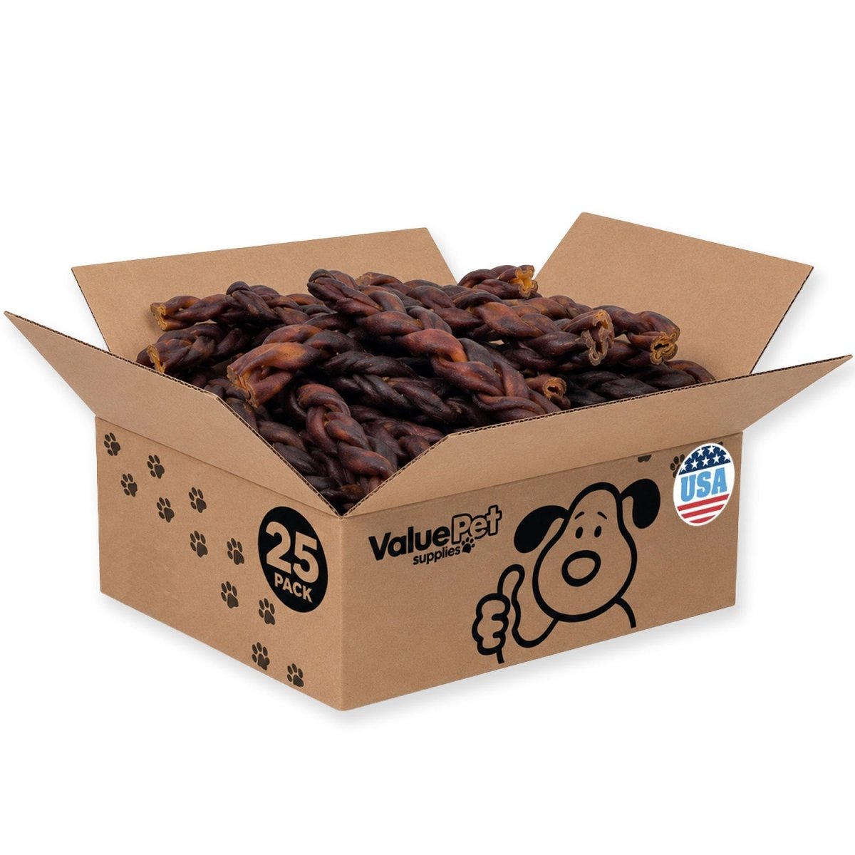 ValueBull USA Collagen Braid Beef Large Dog Chews, Medium 12 Inch, 25 Count Bulk Pack - ValuePetSupplies