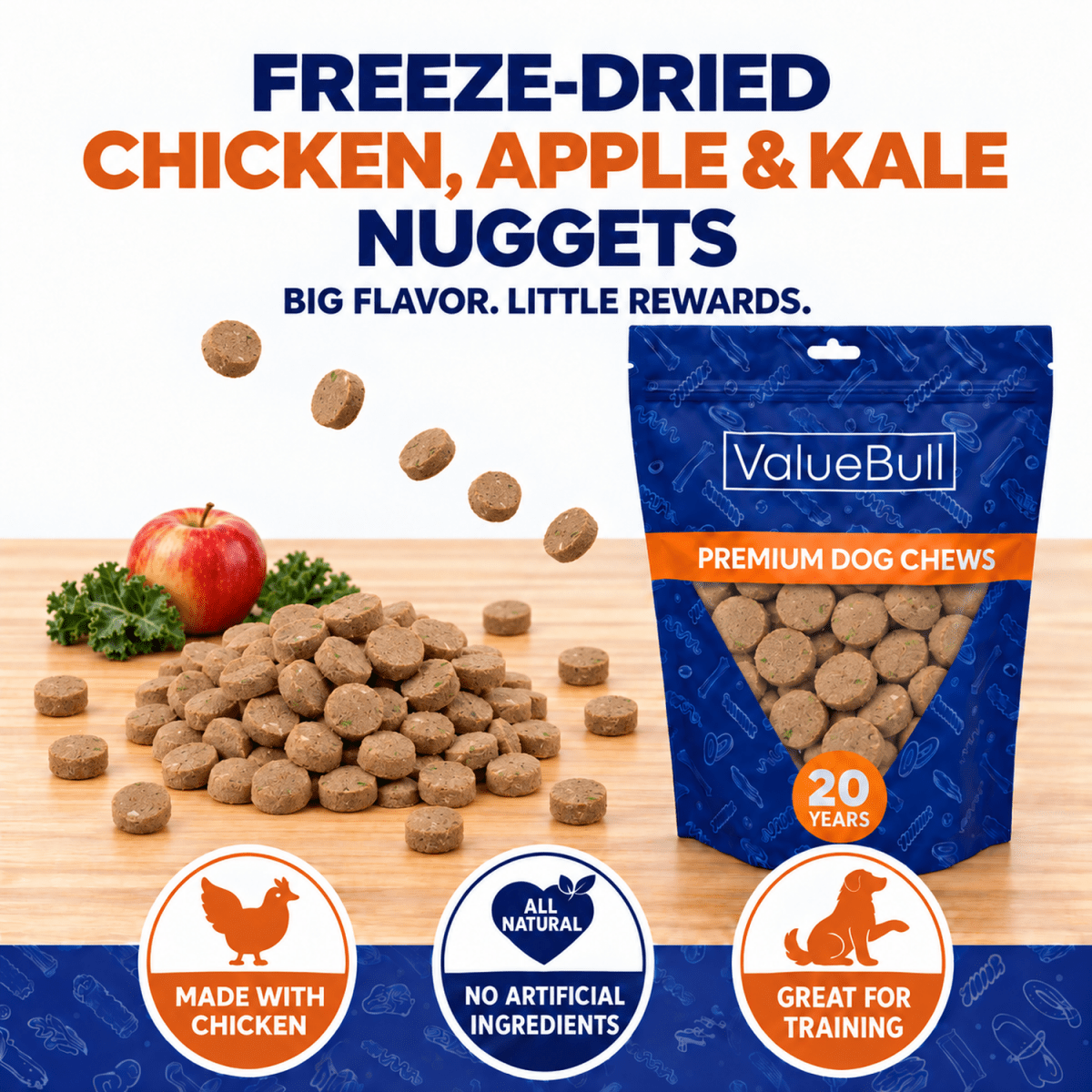 ValueBull USA Freeze Dried Chicken, Apple, Kale Training Treats for Dogs & Cats, 16 Pounds Wholesale Pack - ValuePetSupplies