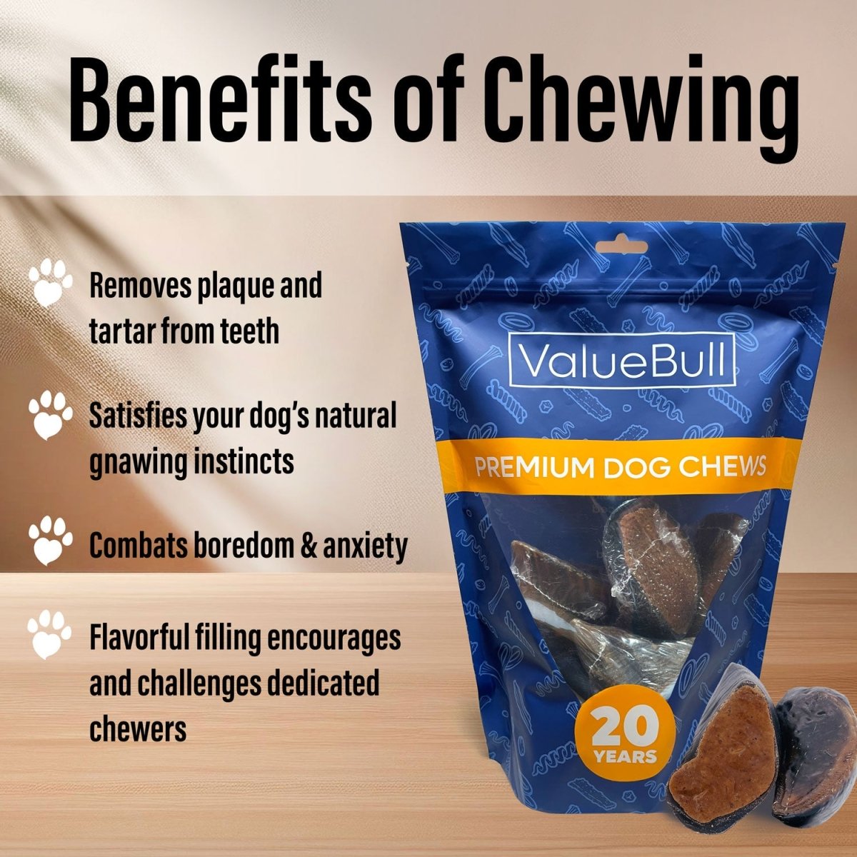 ValueBull Stuffed Beef Hooves Dog Chews, Peanut Butter, 50 Count Bulk Pack - ValuePetSupplies
