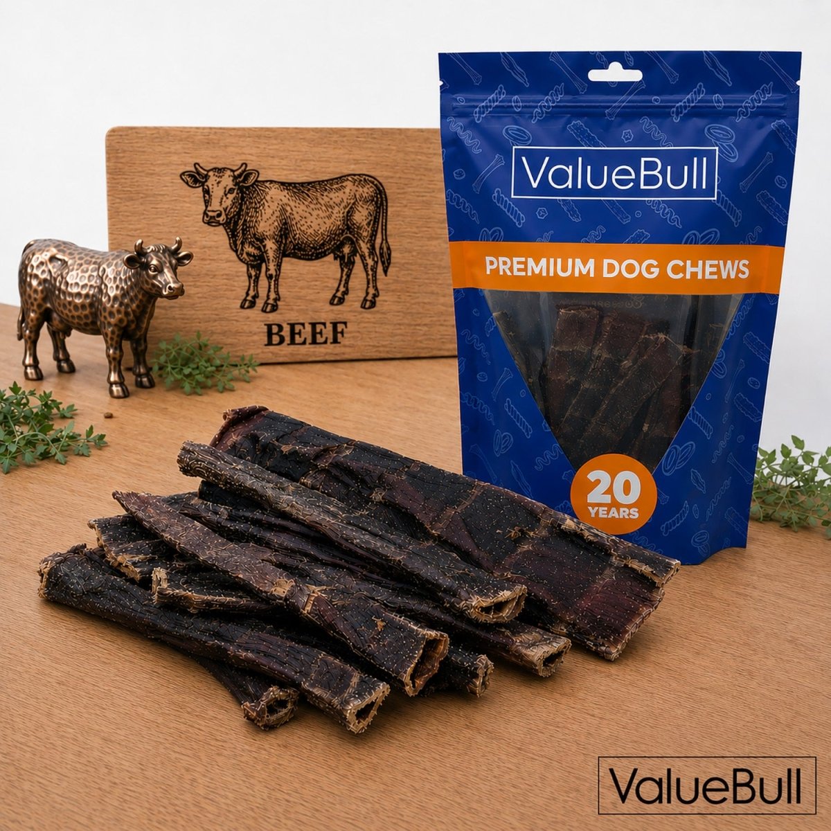 ValueBull USA Beef Jerky Gullet Flats, Premium Dog Chews, 6 Inch, 240 Count Bulk Pack - 240